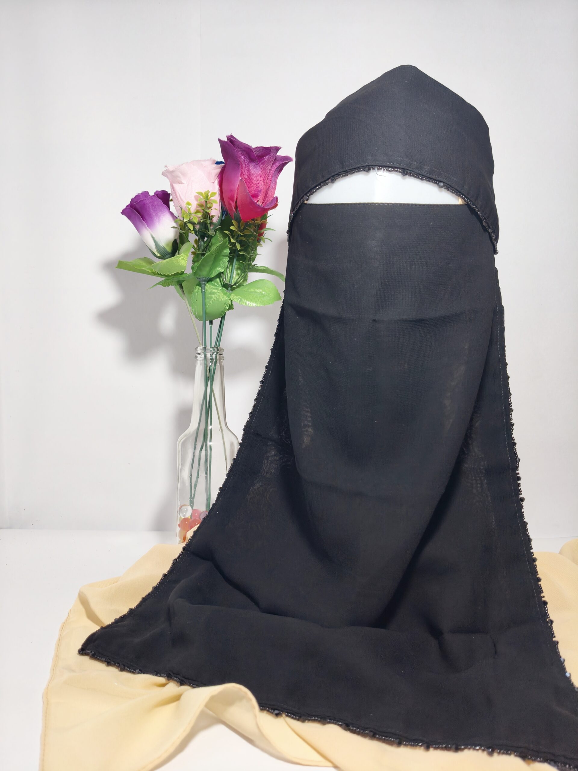 Elegant Black Single Layer Niqab with Beaded Edge