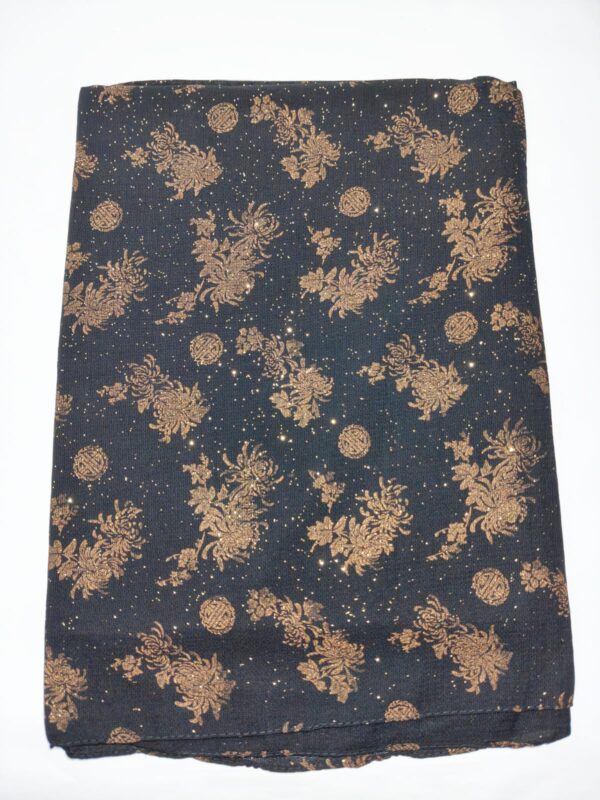 floral & medallion motif with tiny gold specks glittered black hijab - hijabshop.in 2