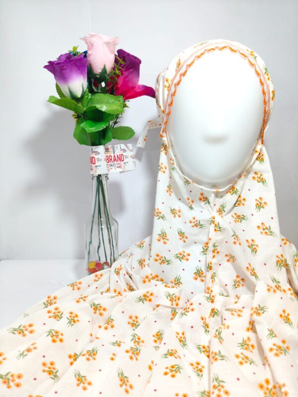 Yellow Floral Printed Namaz Dupatta – White Crinkled Fabric - hijabshop.in - Image 3